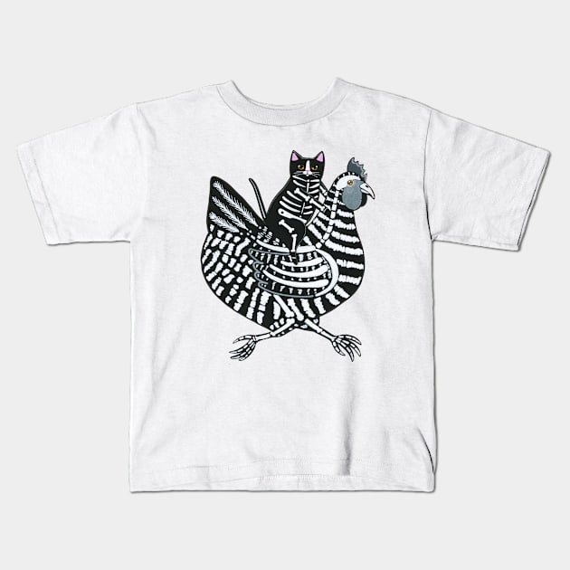 Skellie Cat Chicken Ride Kids T-Shirt by KilkennyCat Art